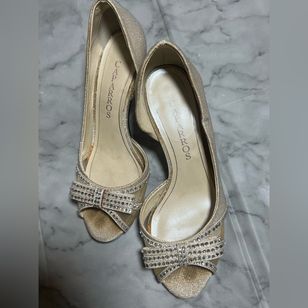 Sparkly Bow Peep Champagne Rhinestone Heels Formal Wedding Prom S 7.5 Capparos